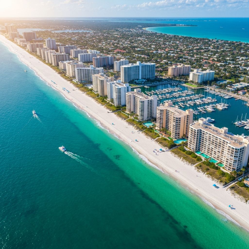 Aerial view of Clearwater Beach Florida showing barrier island and Gulf